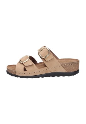Sandale beige à bout ouvert avec deux brides réglables à boucle, talon compensé en liège et semelle noire texturée.