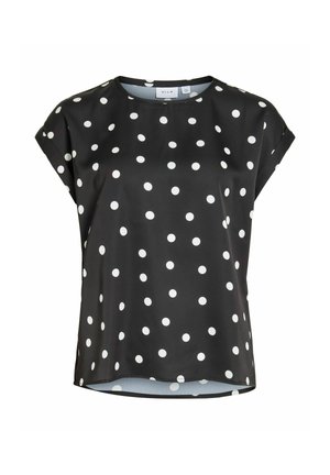 Blusa nera a maniche corte con scollo rotondo, caratterizzata da pois bianchi e orlo dritto.