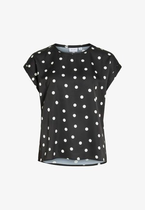 Sort kortærmet bluse med rund halsudskæring, med hvide polkaprikker og en lige kant.