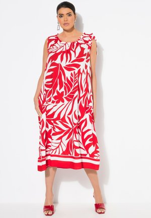 Ulla Popken LEAF PRINT SLEEVELESS MIDI - Jurk - neon red