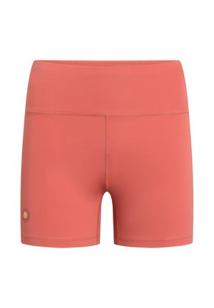 Koralowe, sportowe szorty o wysokim stanie z płaskimi szwami i małym okrągłym logo w pobliżu lewego brzegu, zaprojektowane do aktywnego trybu życia.