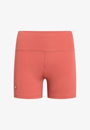 Koralowe, sportowe szorty o wysokim stanie z płaskimi szwami i małym okrągłym logo w pobliżu lewego brzegu, zaprojektowane do aktywnego trybu życia.