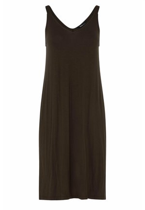 Ärmelloses, dunkelbraunes Midikleid mit V-Ausschnitt und breiten Schulterträgern, aus weichem, fließendem Stoff.