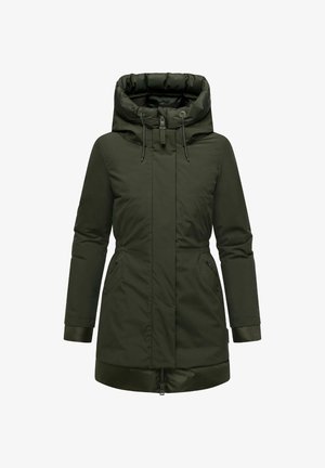 Sötétzöld szigetelt parkaszövet, cipzárral, húzózsinórral ellátott kapucnival, két oldalsó zsebből és karcsúsított derékrészből a formázott megjelenés és a melegség érdekében.