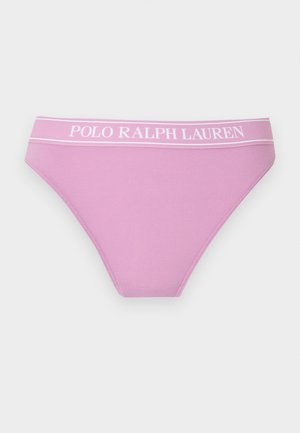 Pink women's bikini-style underwear with a white waistband featuring "POLO RALPH LAUREN" text, laid flat on a white background.