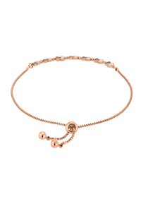 Armband aus Roségold mit herzförmigen Akzenten, einer strukturierten Kette und einstellbarem Zugverschluss mit zwei dekorativen Kugeln. Glatte Oberfläche.