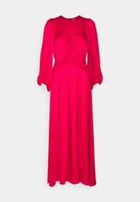 Lång fuchsia klänning med rynkad bodice, långa puffärmar samlade vid handlederna och en flödande kjol mot en enkel vit bakgrund.