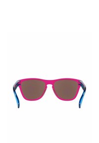 Sunglasses with pink frames and blue temple arms. Brown tinted lenses, angular shape, lightweight plastic material, and minimal hardware.