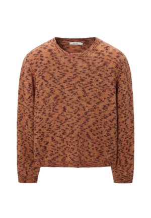 Long-sleeve brown and orange knit sweater with dark speckled pattern and crew neckline, tag reading "SISSY-BOY" inside collar.