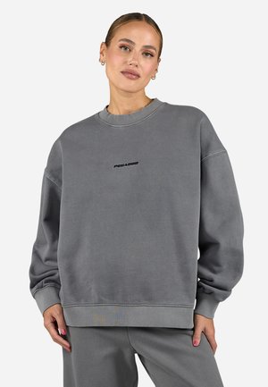 Grauer übergroßer Sweatshirt aus weichem Stoff, mit rundem Halsausschnitt und gerippten Bündchen. Schwarzes 'PEAC1000'-Logo auf der Brust.