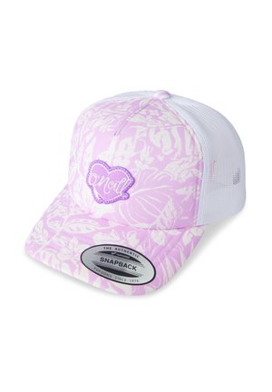 Lila-weiße Snapback-Kappe mit Blumenmustern, gepolstertem Vorderteil, Mesh-Seitenteilen und einem ovalen Logo-Patch. Verstellbarer Druckknopfverschluss.