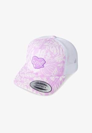 Casquette snapback violette et blanche avec motifs floraux, avant rembourré, panneaux latéraux en maille, et patch logo ovale. Fermeture ajustable à pression.