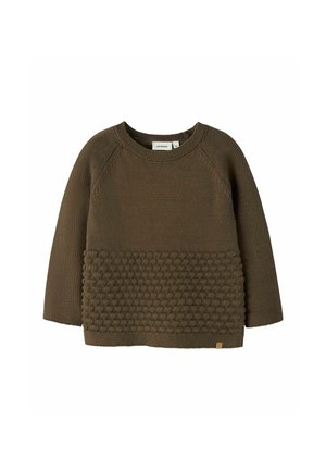 Pull en tricot marron à manches longues avec motif bouclé texturé sur le bas devant et col rond, adapté aux enfants.