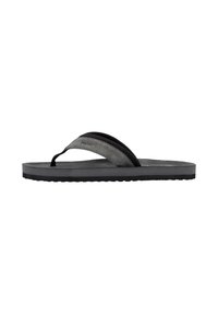 Flip-flop sandal featuring a black rubber sole, grey suede and fabric straps, flat design, textured footbed, and minimal branding.