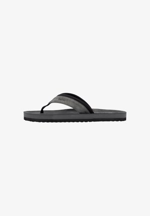 Flip-flop sandal featuring a black rubber sole, grey suede and fabric straps, flat design, textured footbed, and minimal branding.