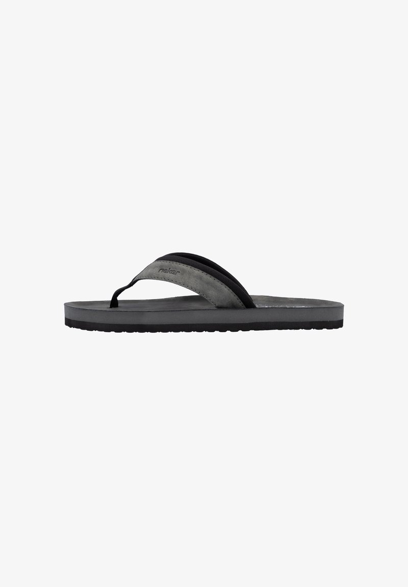 Flip-flop sandal featuring a black rubber sole, grey suede and fabric straps, flat design, textured footbed, and minimal branding.