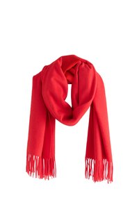 Écharpe rouge en tissu doux, avec une texture lisse et des extrémités frangées. Le design est simple et polyvalent, adapté à diverses occasions.