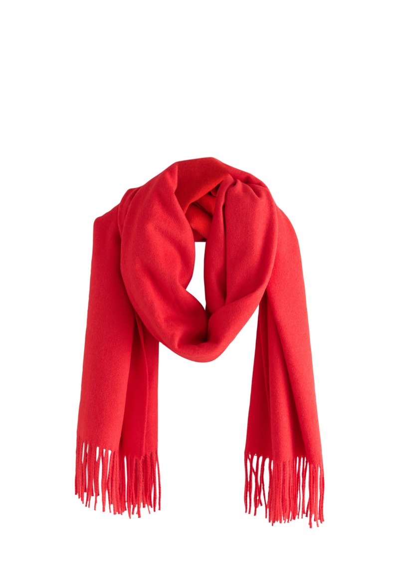 Écharpe rouge en tissu doux, avec une texture lisse et des extrémités frangées. Le design est simple et polyvalent, adapté à diverses occasions.