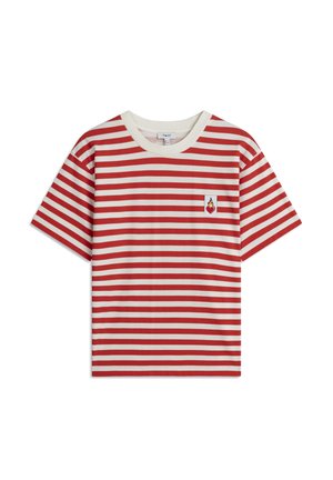 Red and cream striped cotton T-shirt featuring a small flame logo on the left chest and a crew neckline. Short sleeves, relaxed fit.