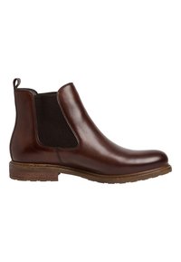 Botte Chelsea en cuir marron avec panneaux latéraux élastiques, languette au talon et semelle basse empilée en bois.