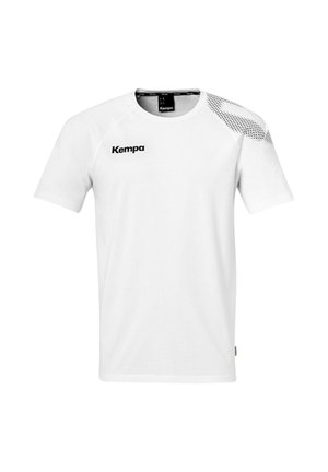 T-shirt bianco a maniche corte realizzato in tessuto dalla superficie liscia, con un logo nero e un design a motivi sulla spalla destra.