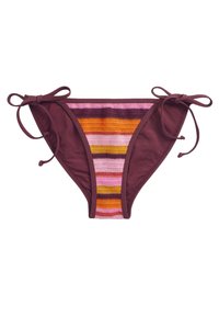 Bikini-Höschen mit verstellbaren Bindebändern, dunkelburgunderfarbenem Stoff, in der Mitte mit rosa-orange gestreiftem Strick und einer glatten Oberfläche.