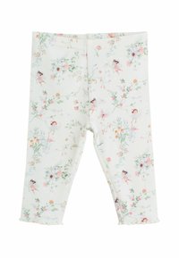Leggings acanalados en verde claro con estampado floral e ilustraciones de hadas. Presentan dobladillos con volantes y una tela suave y elástica.