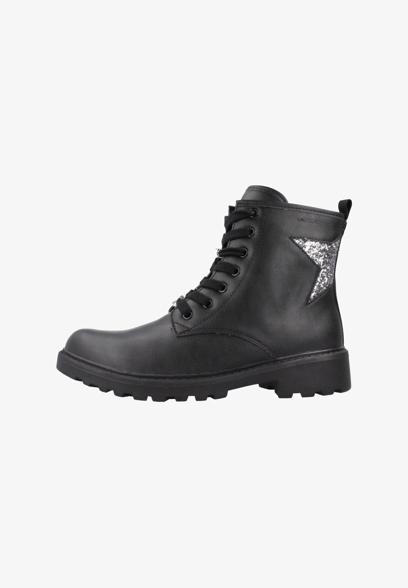 Bottes chevilles en cuir noir avec un design à lacets, semelle texturée et un accent étoile argentée scintillante sur le côté extérieur.