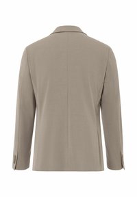 Beige blazer met een geknipt kraag, lange mouwen en knopenmanchetten. Gemaakt van gladde stof met een gestructureerd, op maat gemaakt ontwerp.