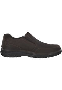 Braune Leder Slipper mit elastischen Seitenpaneelen, Gummisohle und kontrastierendem Nähen. Leichtes Design für Komfort und einfachen Tragekomfort.