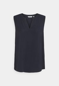 Marinblus utan ärmar med V-ringning, tillverkad av lättviktsmaterial. Har en avslappnad passform och en slät yta. Inga synliga mönster eller detaljer.