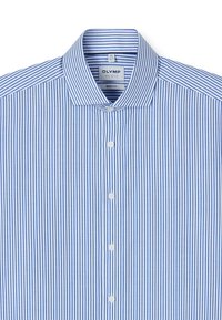 Blau-weiß vertikal gestreiftes Herrenhemd mit Knöpfen und Haifischkragen, Marke Olymp Level Five Body Fit Größe 40/15¾.