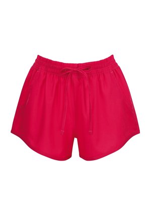 Bright red casual shorts with elastic waistband and drawstring, featuring side pockets and slightly rounded hems.