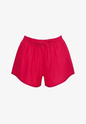 Bright red casual shorts with elastic waistband and drawstring, featuring side pockets and slightly rounded hems.
