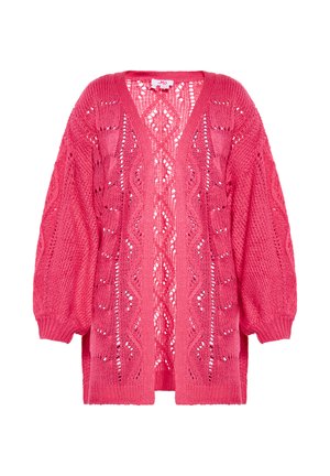 Rožinė megzta kardiganas su V formos iškirpte, atvira priekiu ir pūstomis rankovėmis. Jis pasižymi geometriniu akių raštu visame dizaine.