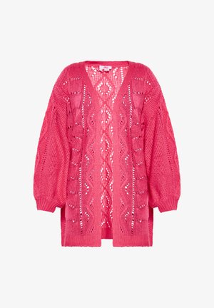 Rožinė megzta kardiganas su V formos iškirpte, atvira priekiu ir pūstomis rankovėmis. Jis pasižymi geometriniu akių raštu visame dizaine.