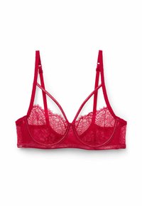 Bralette de encaje rojo con tirantes ajustables, copas de malla y espalda transparente. Patrón de encaje intrincado con un acabado suave y texturizado.