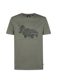 Khaki groene katoenen T-shirt met een grafisch ontwerp van een vrachtwagen met hout op de voorkant, ronde hals, korte mouwen en gestikte zoom.