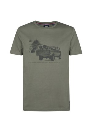 Khaki zelené bavlněné tričko s grafikou náklaďáku a klád na přední straně, kulatý výstřih, krátké rukávy a prošívaný lem.