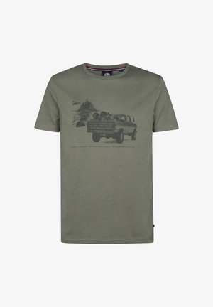 Khaki zielona bawełniana koszulka z grafikiem ciężarówki i kłód na przodzie, z okrągłym dekoltem, krótkimi rękawami i obszytym dołem.