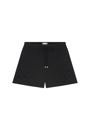 Schwarze Badeshorts mit einem Kordelzugbund, mit strukturierten Herzstickereien auf der linken Seite und metallischen Akzenten an den Kordelzugenden.