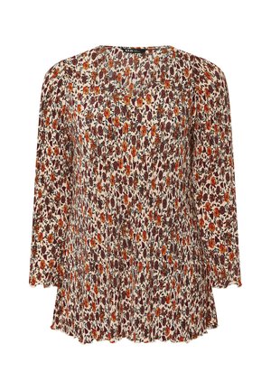 Langsleeveblouse in off-white met een bloemenpatroon in tinten van bordeauxrood, oranje en groen. Textured stof met een zachte val.