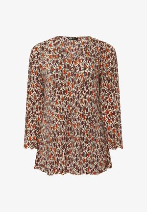 Langærmet bluse i off-white med et blomstermønster i nuancer af bordeaux, orange og grøn. Struktureret stof med en blød fald.