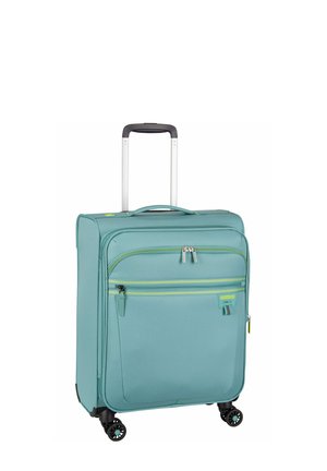 Heller türkisfarbener Polycarbonatkoffer mit zwei Vorderfächern, oben mit einem ausziehbaren Griff und vier Rollen für einfache Manövrierfähigkeit.