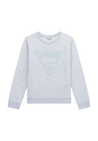 Sudadera azul claro con patrón floral, cuello redondo, mangas largas y logo en forma de triángulo texturizado en el centro. Puños y dobladillo de canalé.