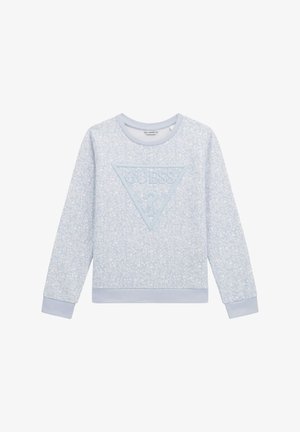 Lichtblauwe sweatshirt met een bloemenpatroon, ronde hals, lange mouwen en een textuur driehoeklogo in het midden. Ribgebreide mouwen en zoom.