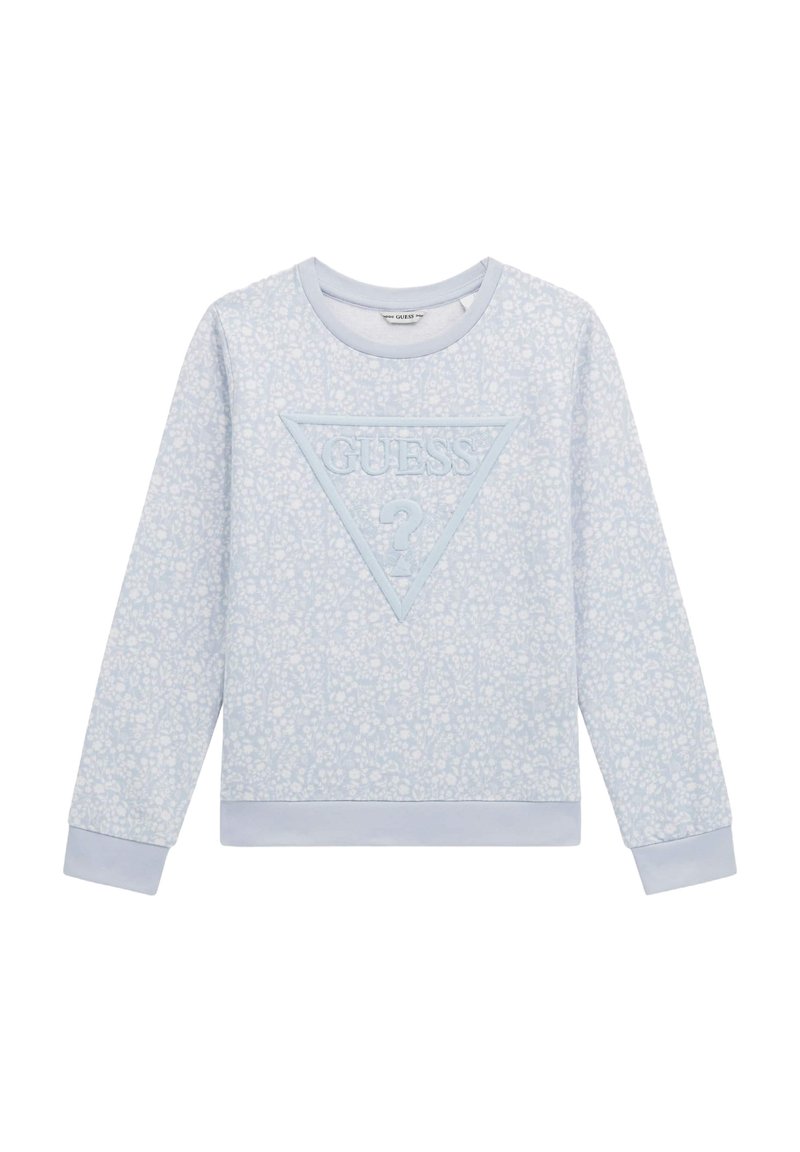 Sudadera azul claro con patrón floral, cuello redondo, mangas largas y logo en forma de triángulo texturizado en el centro. Puños y dobladillo de canalé.