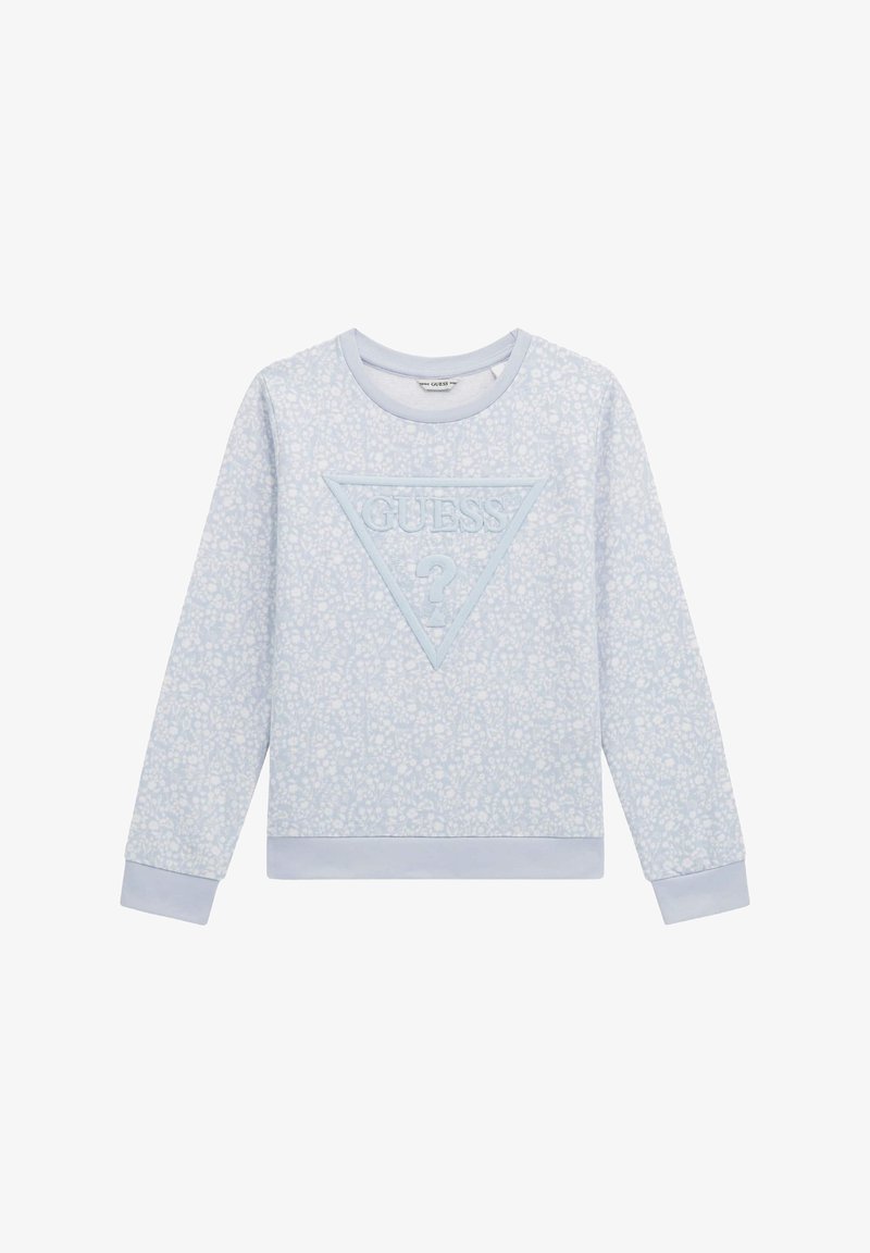 Hellblaues Sweatshirt mit Blumenmuster, rundem Halsausschnitt, langen Ärmeln und strukturiertem Dreieckslogo in der Mitte. Gerippte Bündchen und Säume.