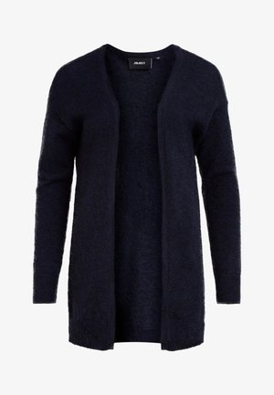 Cardigan noir en tissu doux, manches longues, ouverture devant, col en V et coupe décontractée.