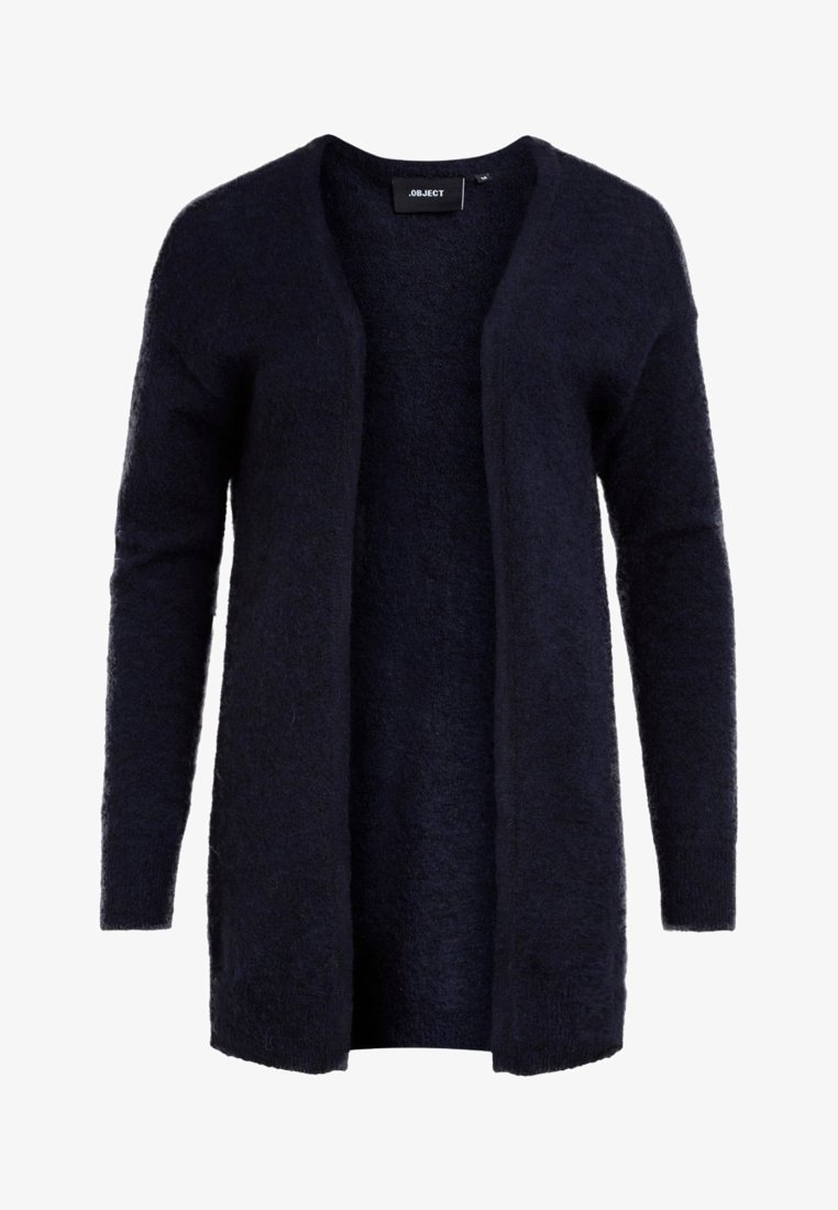 Cardigan noir en tissu doux, manches longues, ouverture devant, col en V et coupe décontractée.